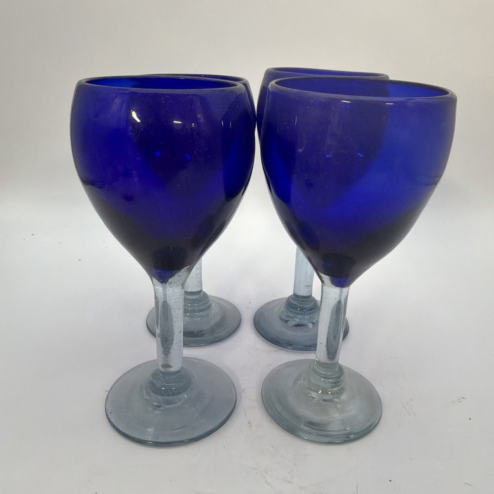 Cobalt Blue Glass Goblet Set Thick Hand Blown Clear Stem Glasses Set Of 4